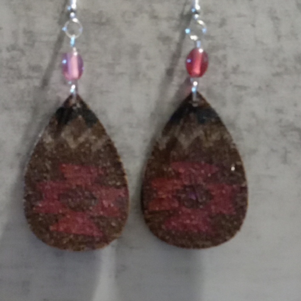 Brown and Pink Wooden Teardrop Earrings